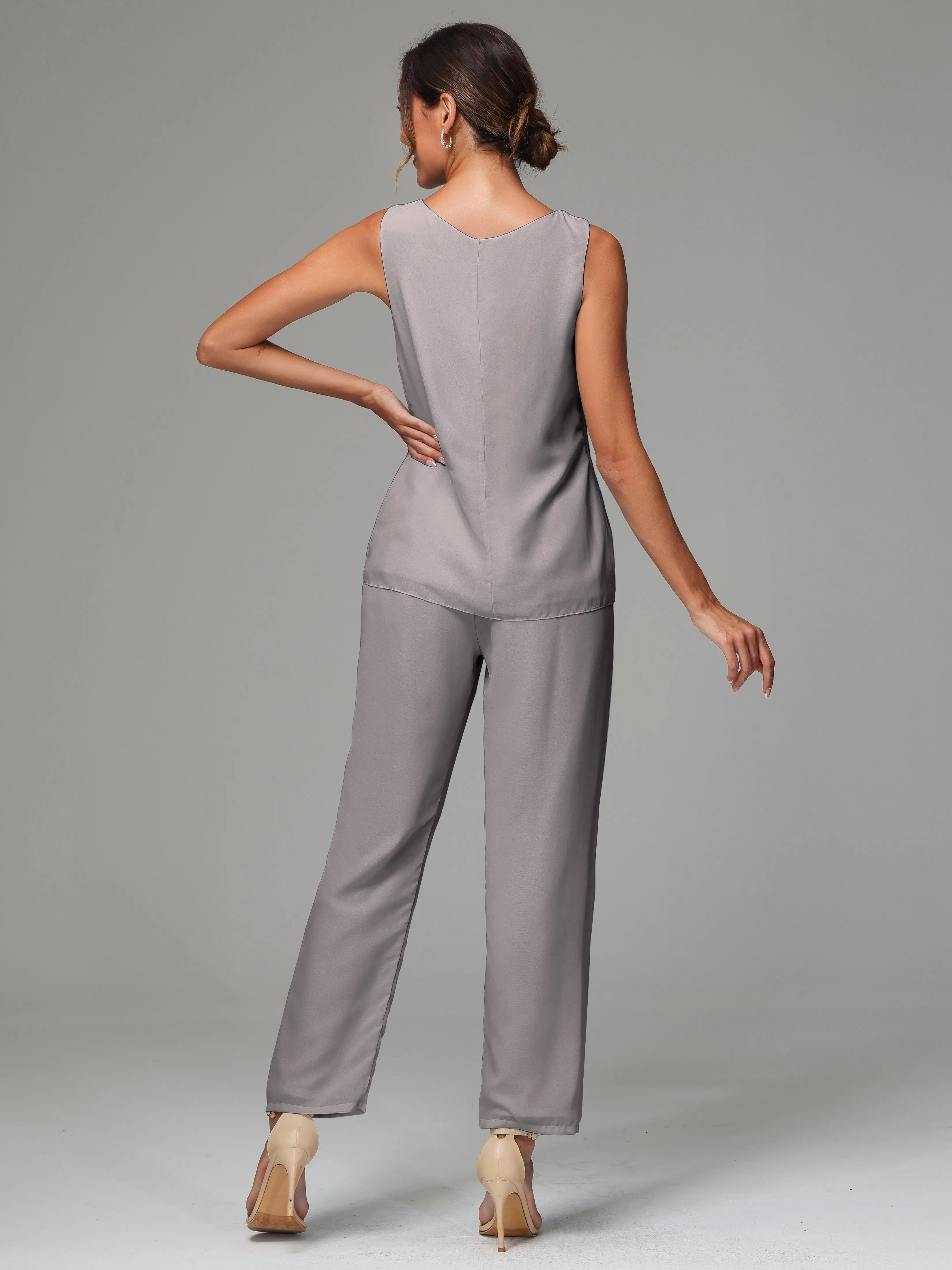 3 Pieces Long Sleeves Chiffon Mother Of The Bride Dress Pants Suits