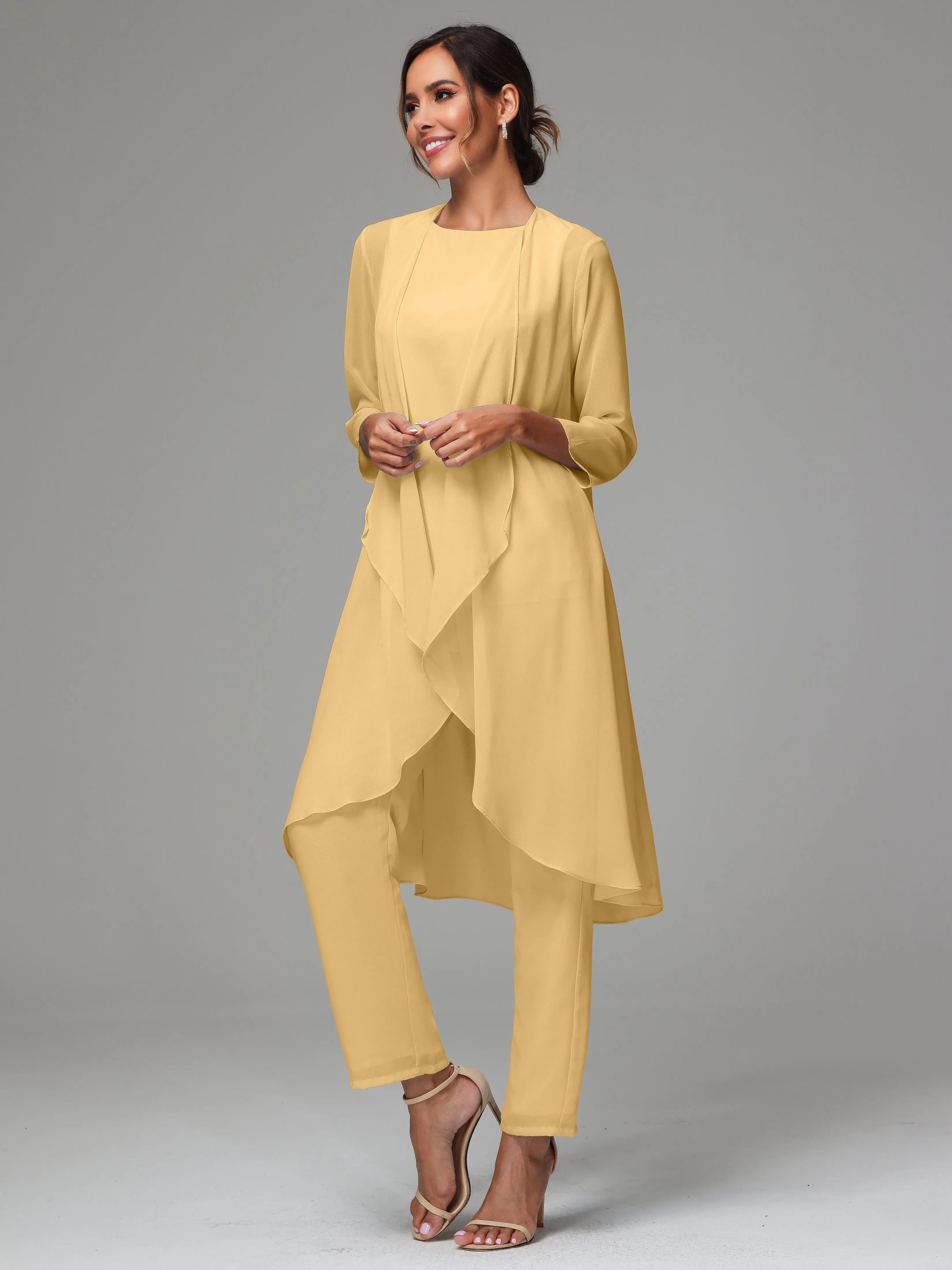 3 Pieces Long Sleeves Chiffon Mother Of The Bride Dress Pants Suits