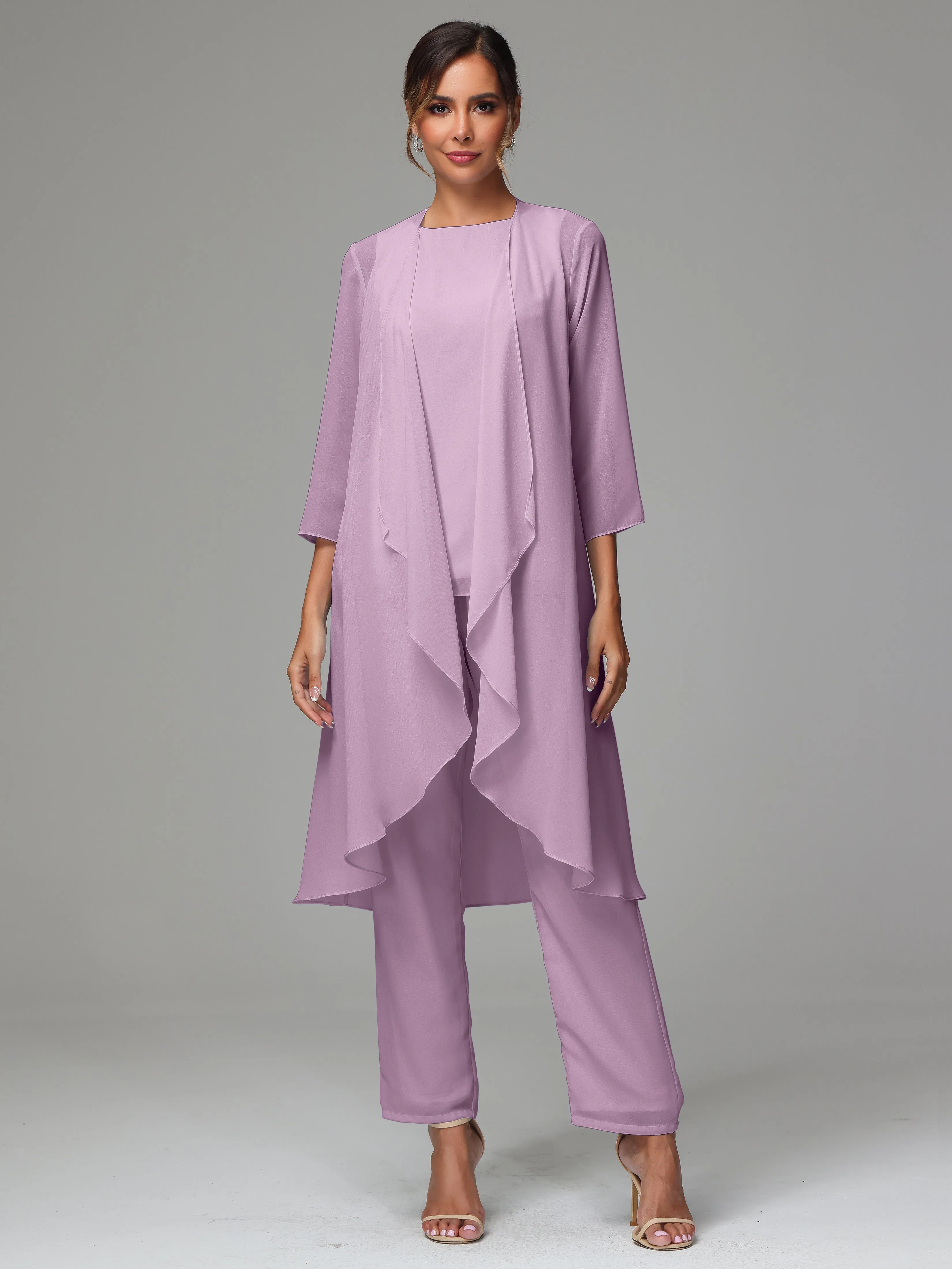 3 Pieces Long Sleeves Chiffon Mother Of The Bride Dress Pants Suits