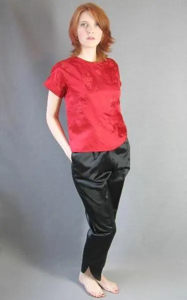 60s Asian Hostess Pajamas Outfit Women's Qipao Top Pants Vintage Satin M/L VFG