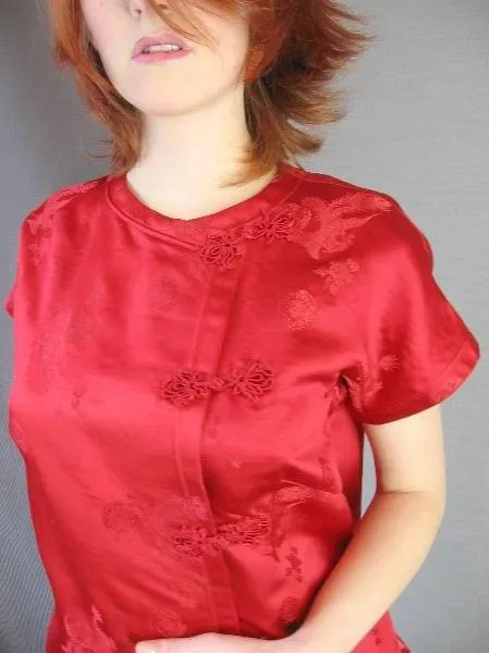60s Asian Hostess Pajamas Outfit Women's Qipao Top Pants Vintage Satin M/L VFG
