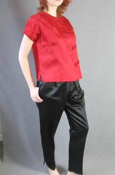 60s Asian Hostess Pajamas Outfit Women's Qipao Top Pants Vintage Satin M/L VFG