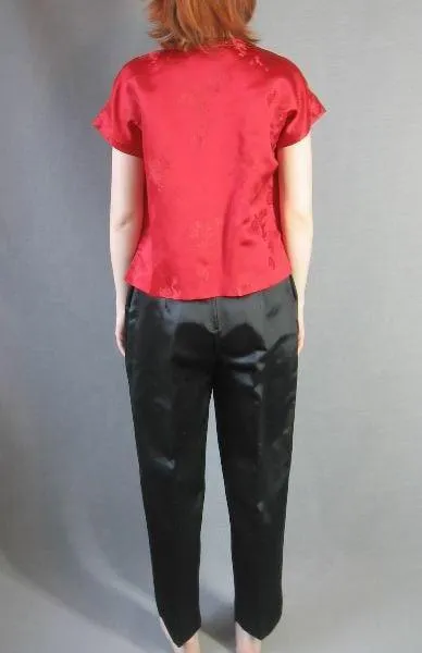 60s Asian Hostess Pajamas Outfit Women's Qipao Top Pants Vintage Satin M/L VFG