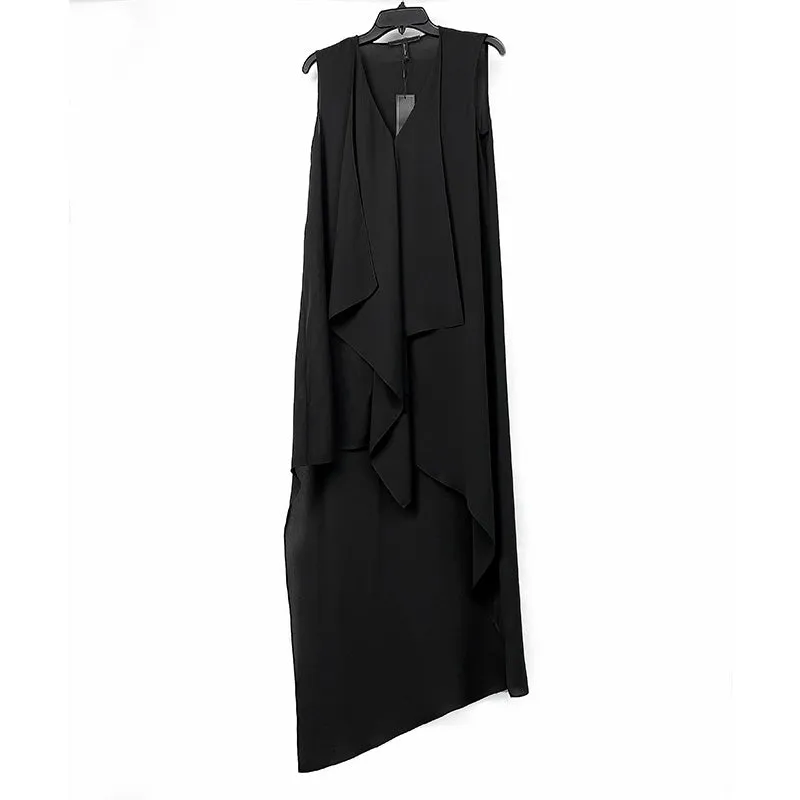 8A59 Women solid V-neck front drape high-low design asymmetric hem day dress