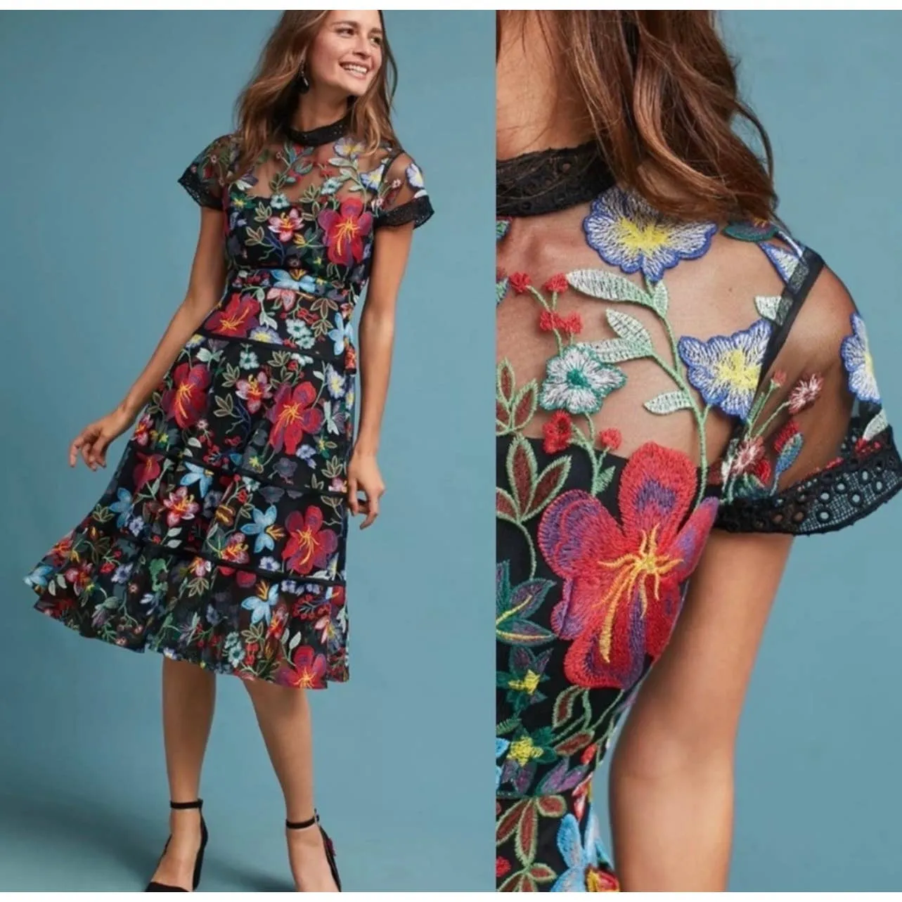 Anthropologie Vone Floral Embroidered Midi Dress Size 12