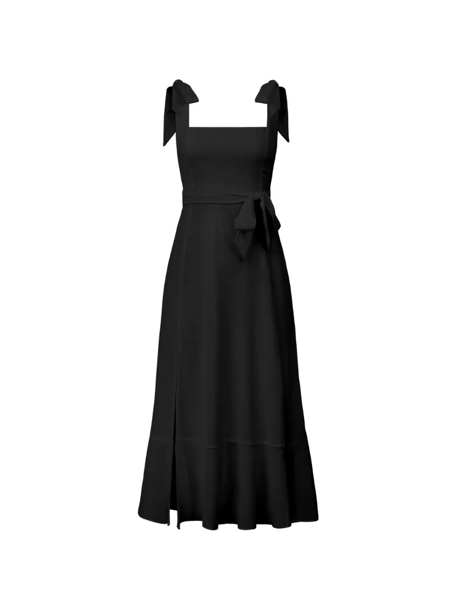 AVIANCA SHOULDER TIE BRIDAL MIDI DRESS - BLACK