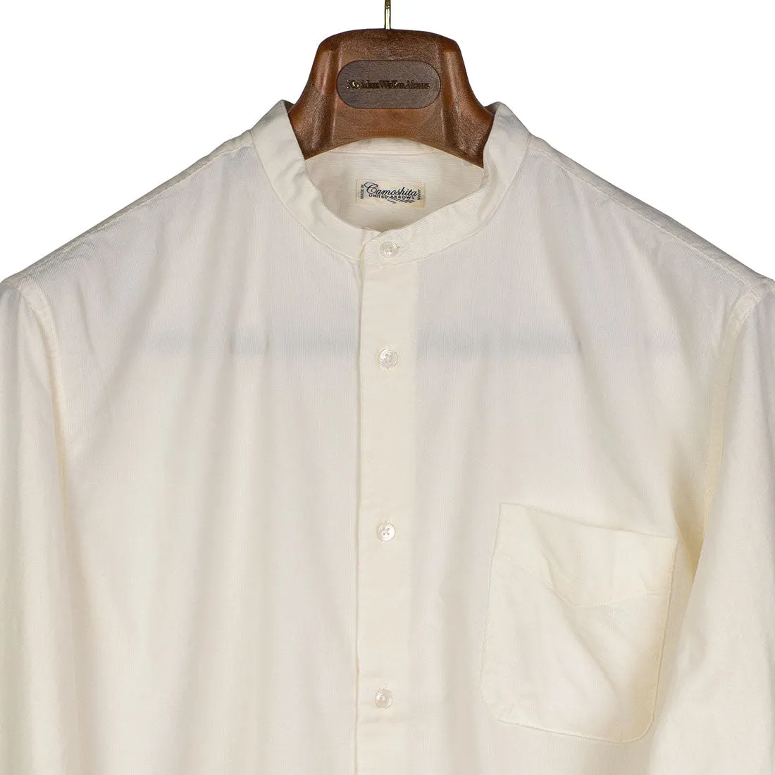 Band collar shirt in ecru cotton microcorduroy