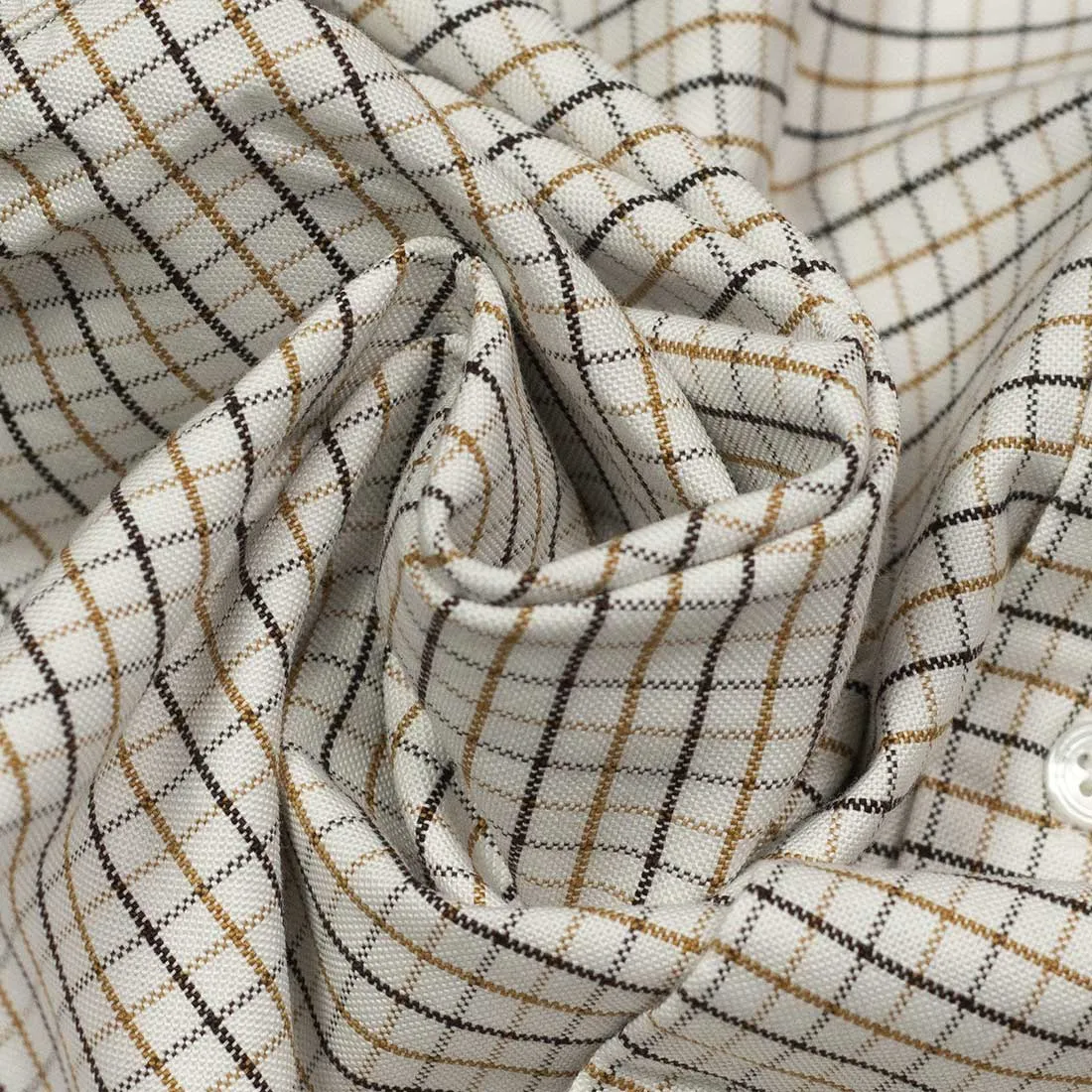 Band collar shirt in ochre & brown Tattersall check oxford