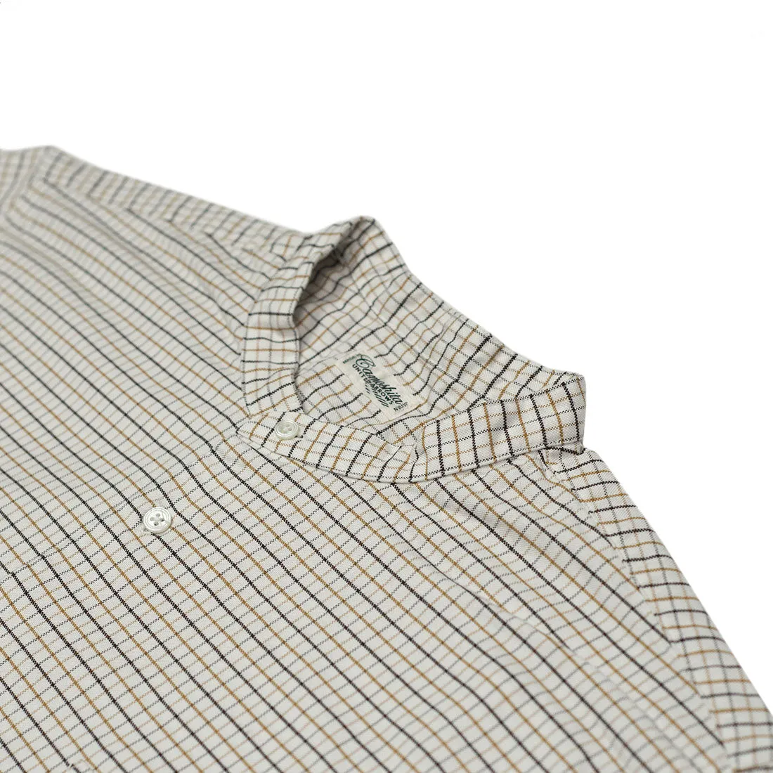 Band collar shirt in ochre & brown Tattersall check oxford