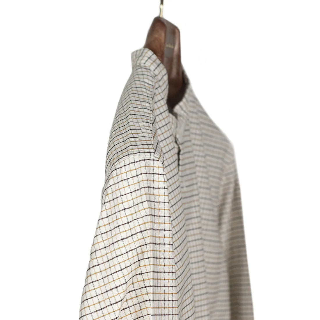 Band collar shirt in ochre & brown Tattersall check oxford