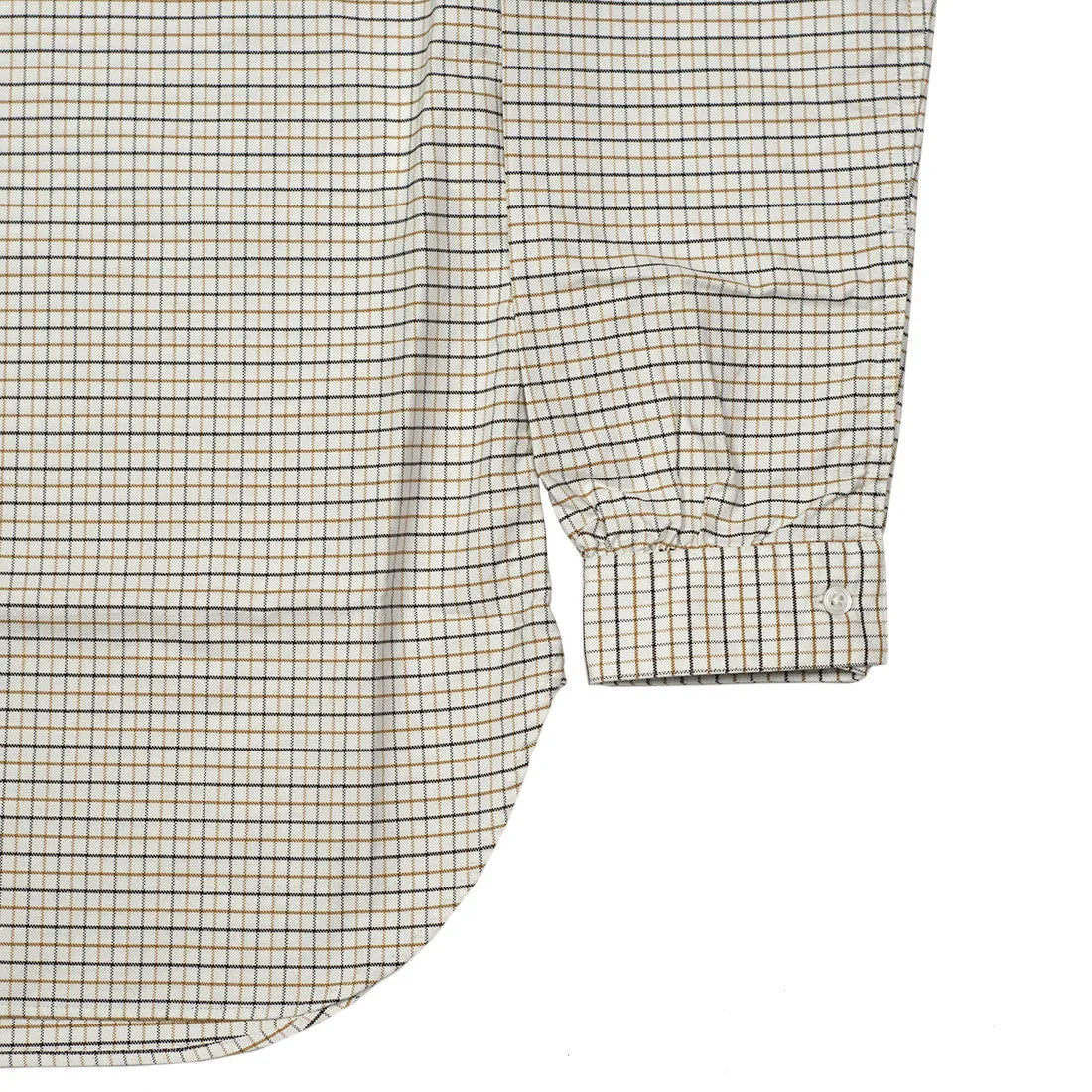 Band collar shirt in ochre & brown Tattersall check oxford