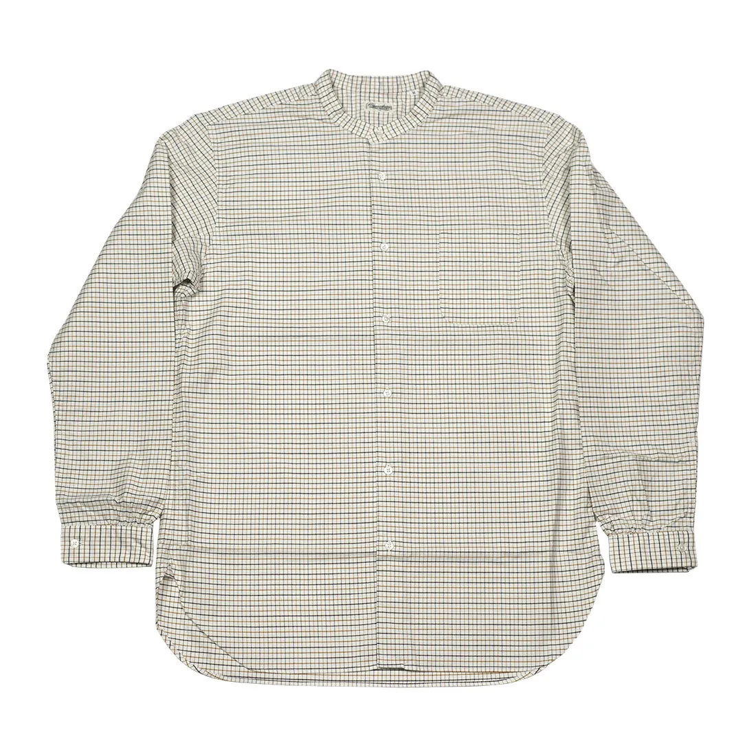 Band collar shirt in ochre & brown Tattersall check oxford