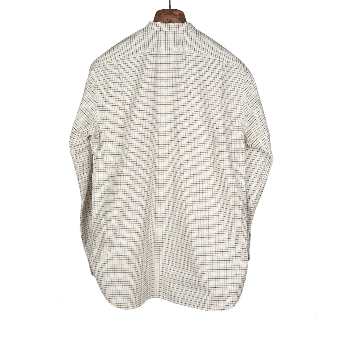 Band collar shirt in ochre & brown Tattersall check oxford