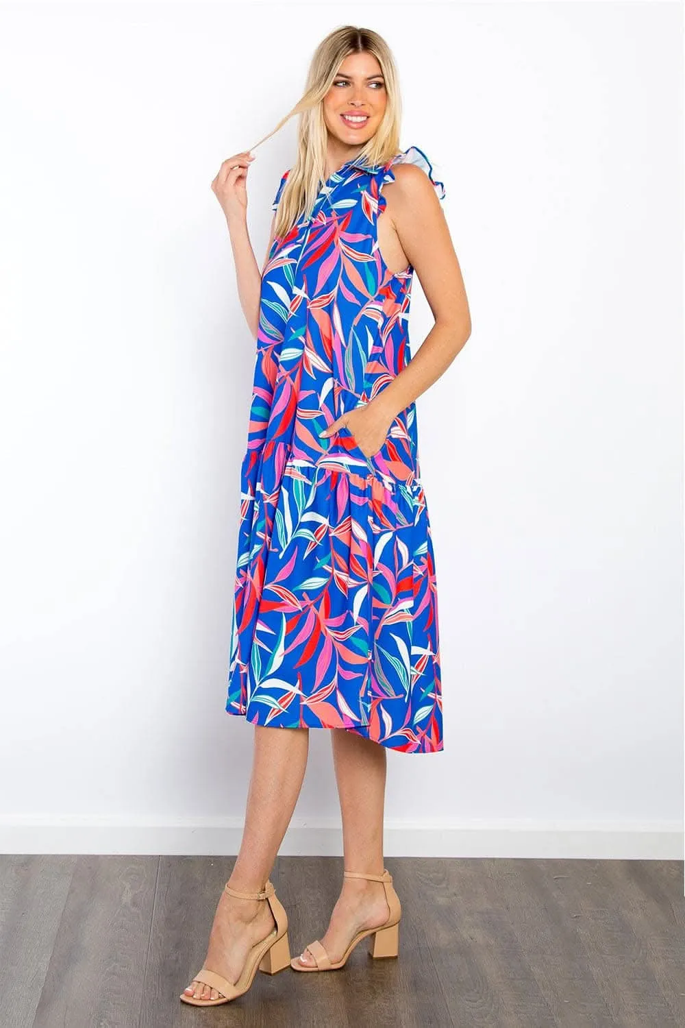 Be Stage Print Ruffled Midi Dress with Pockets Chic Style