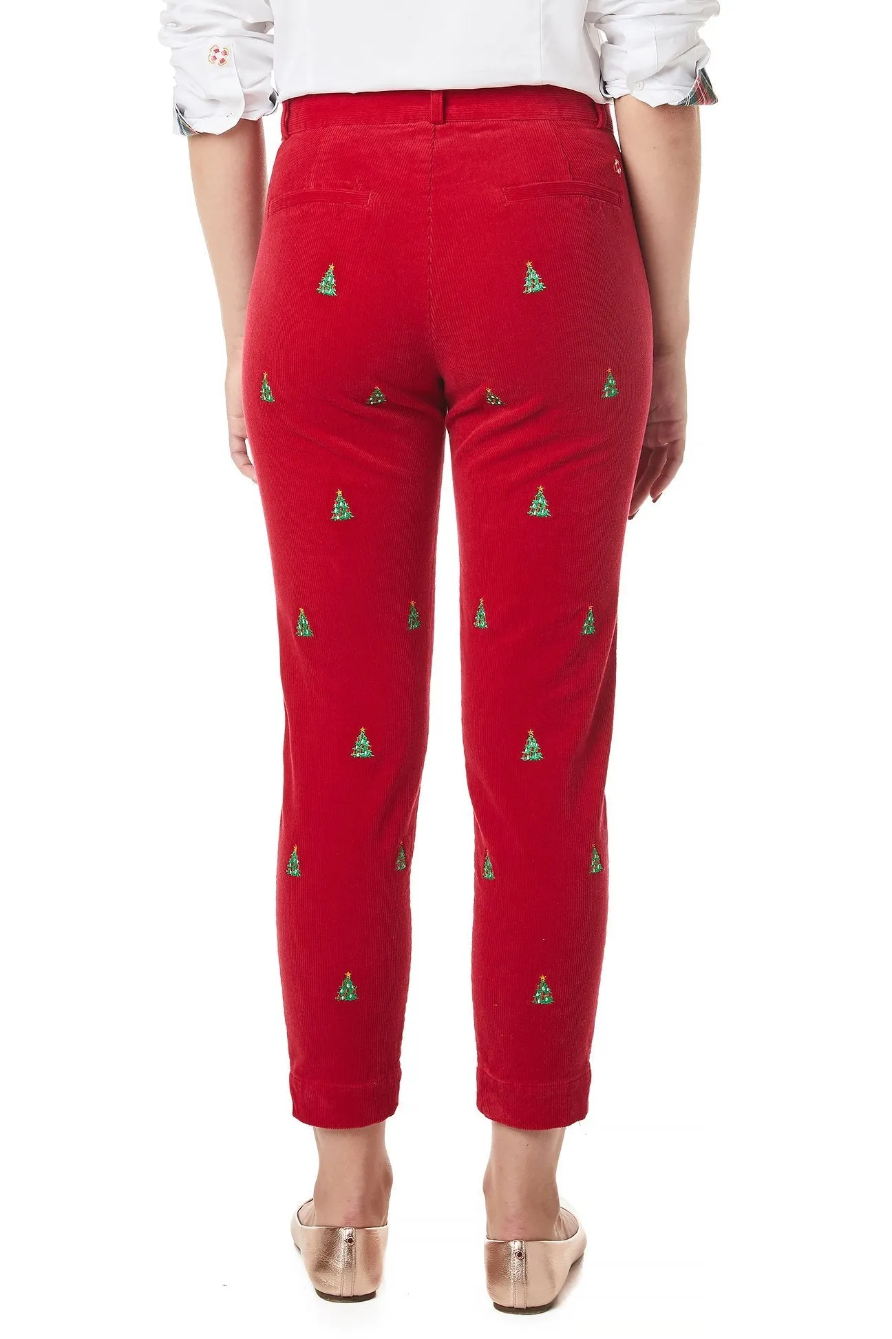 Beachcomber Stretch Corduroy Ankle Capri Crimson with Christmas Tree
