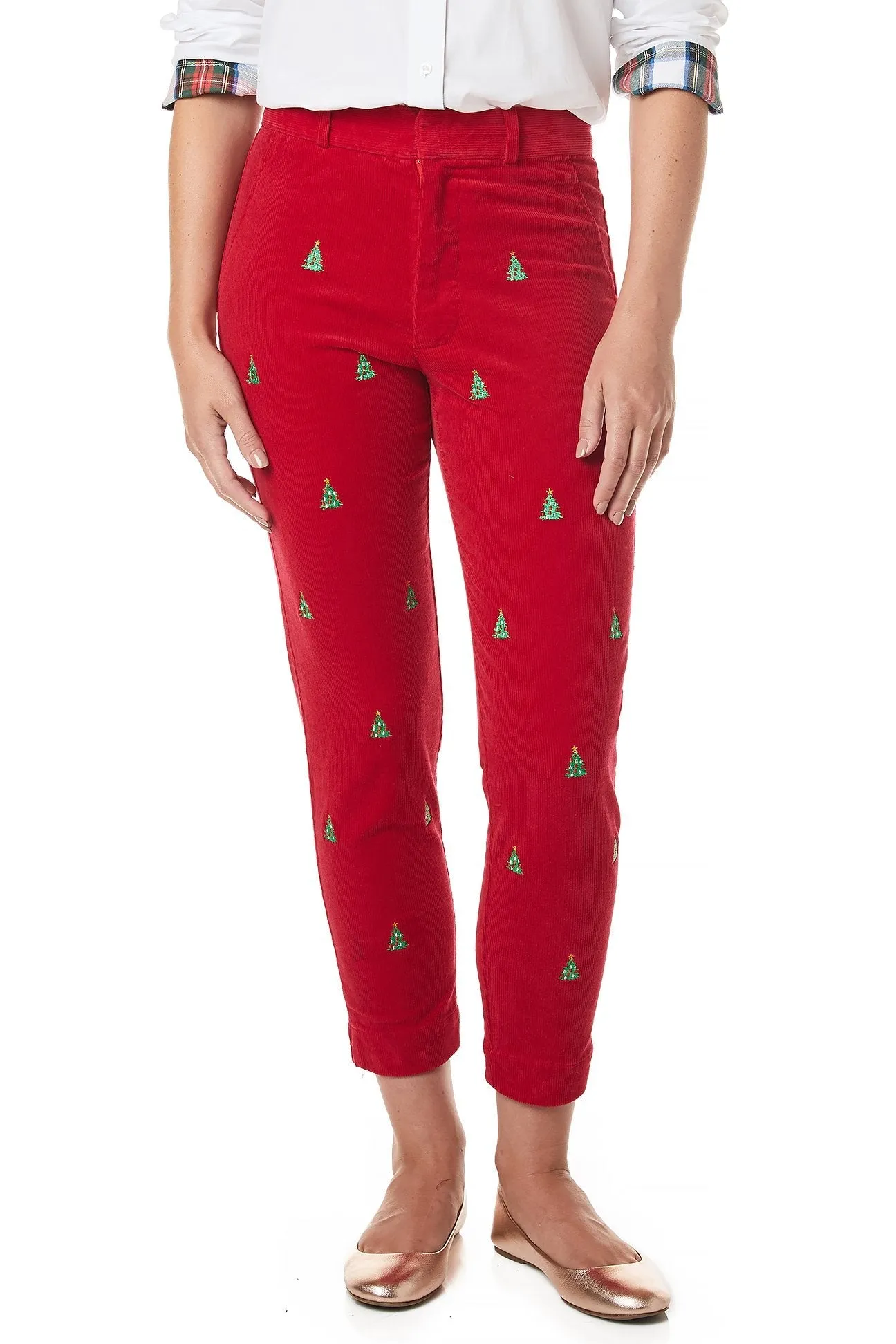 Beachcomber Stretch Corduroy Ankle Capri Crimson with Christmas Tree