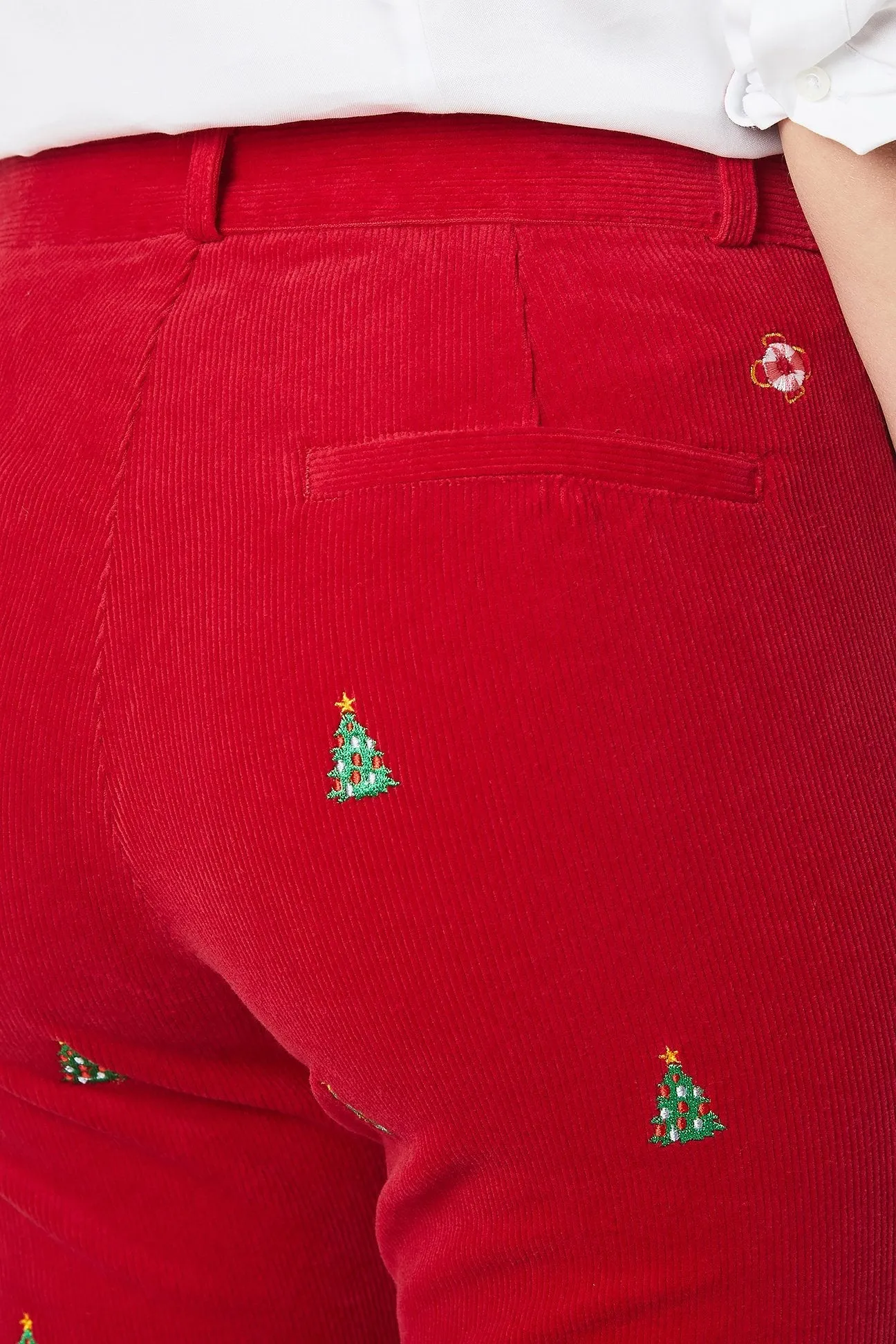 Beachcomber Stretch Corduroy Ankle Capri Crimson with Christmas Tree