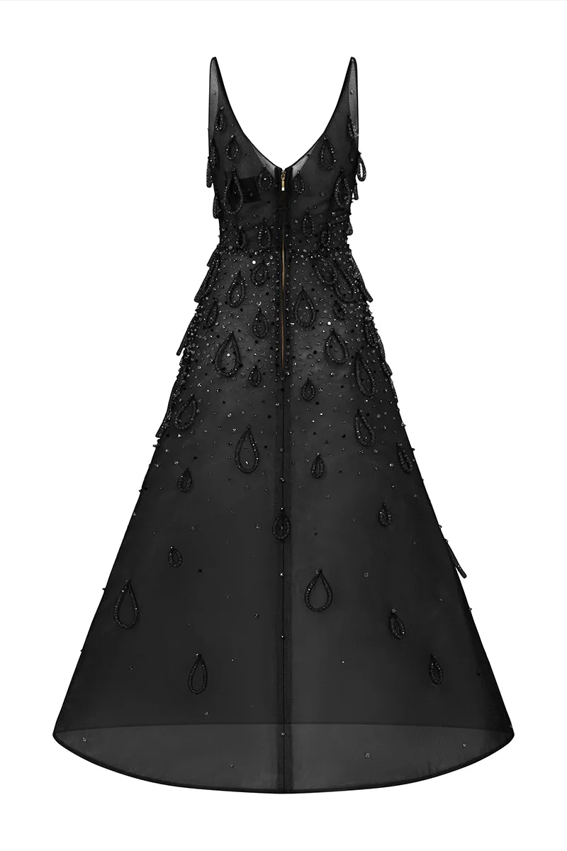 BLACK MIDI DRESS WITH ATTACHED WATER DROP