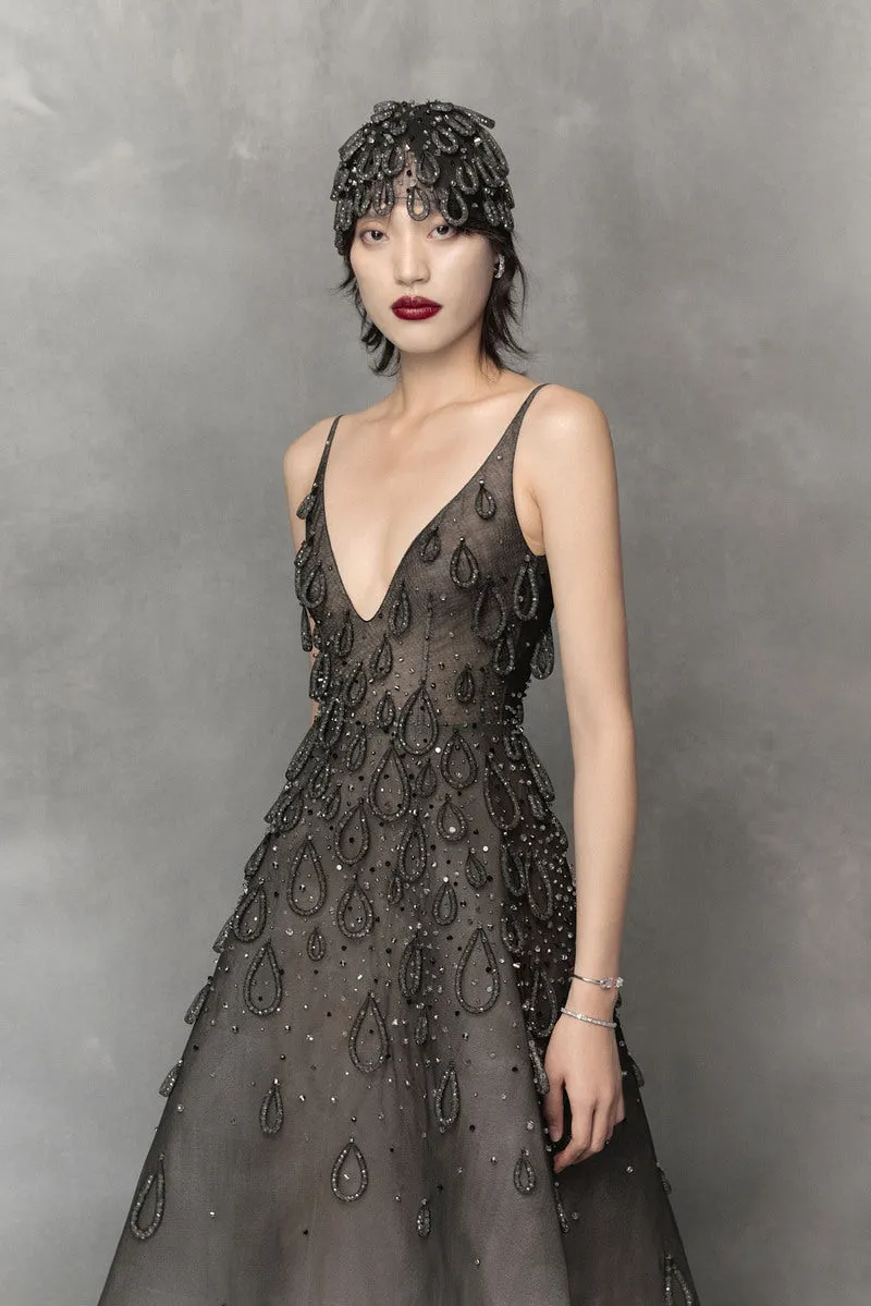BLACK MIDI DRESS WITH ATTACHED WATER DROP