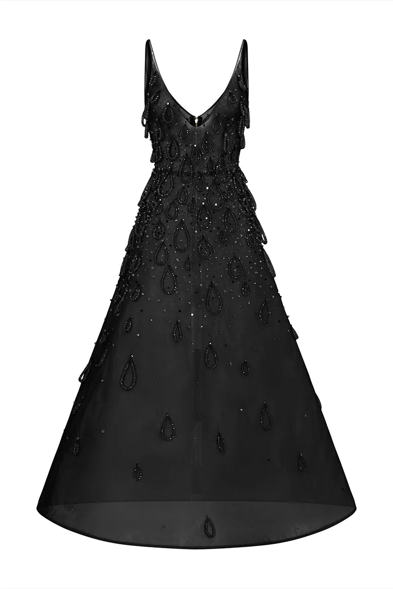 BLACK MIDI DRESS WITH ATTACHED WATER DROP