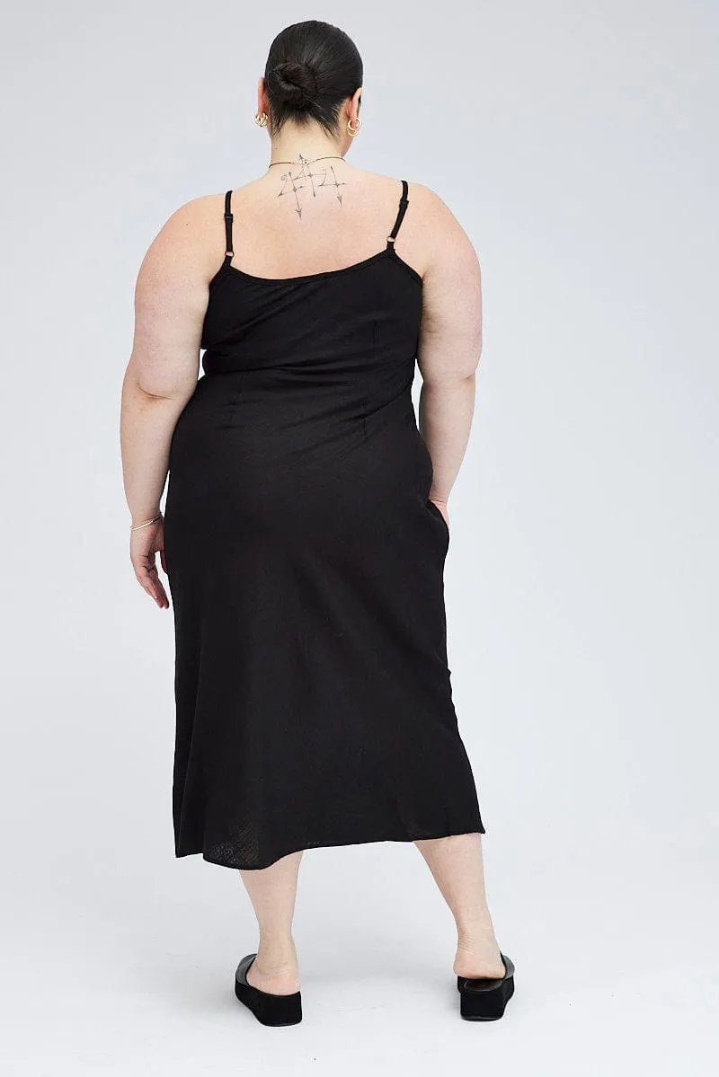 Black Midi Slip Dress Linen Blend