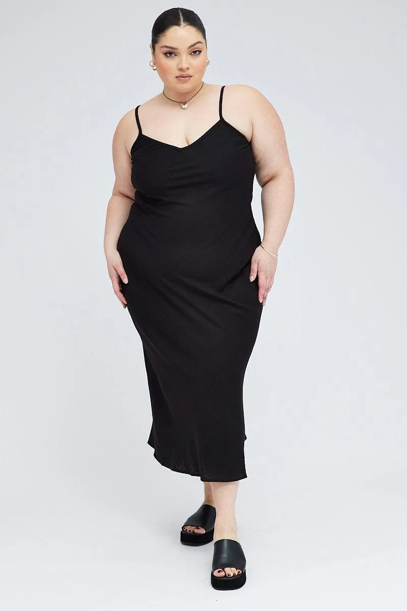 Black Midi Slip Dress Linen Blend
