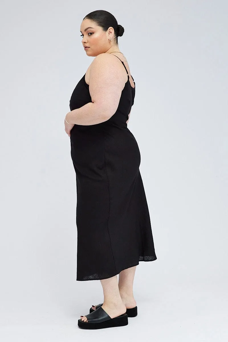 Black Midi Slip Dress Linen Blend