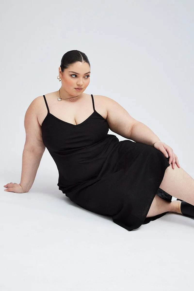 Black Midi Slip Dress Linen Blend