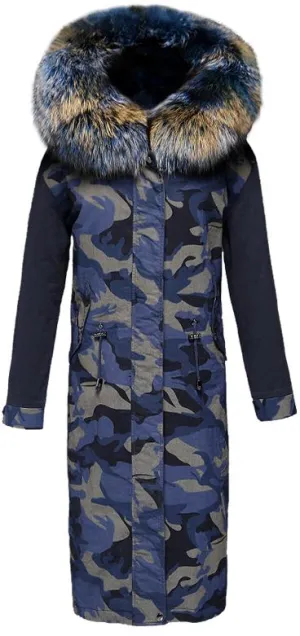 Blue Camouflage Fur Knee-Length Parka Coat