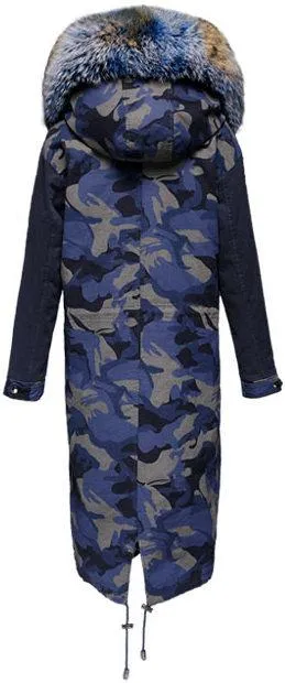 Blue Camouflage Fur Knee-Length Parka Coat