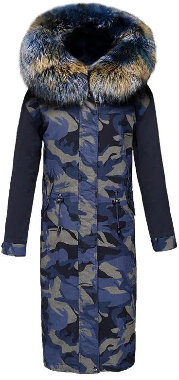 Blue Camouflage Fur Knee-Length Parka Coat