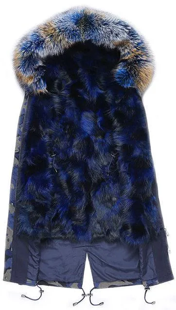 Blue Camouflage Fur Knee-Length Parka Coat