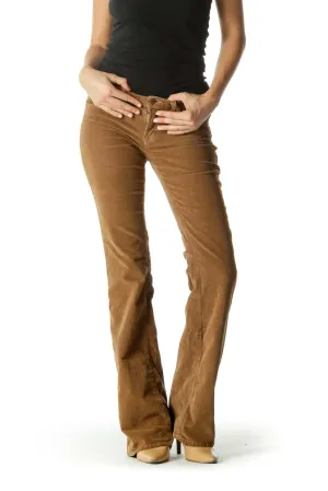 Brown Corduroy Pocketed Stretch Flared Pants