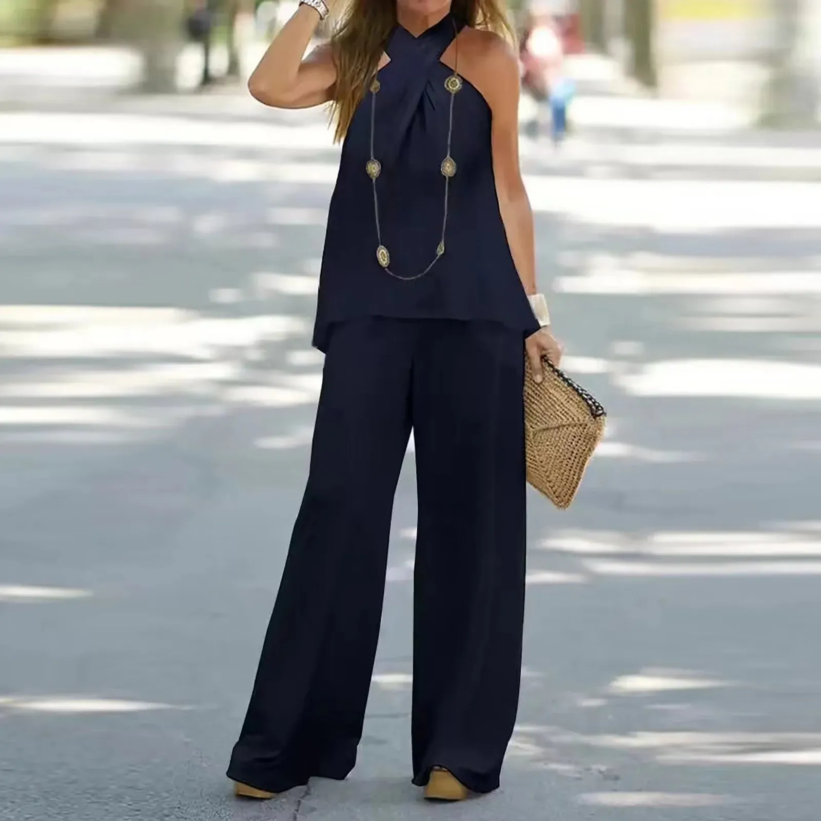 Casual Solid Color Hanging Sleeveless Loose Wide Leg Two Boho Set