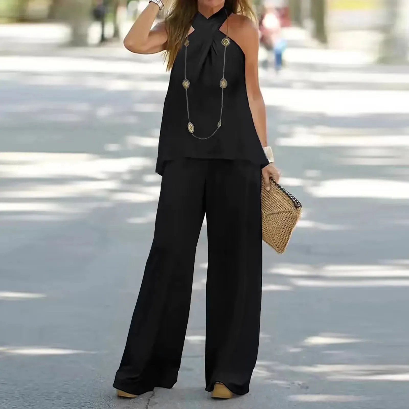 Casual Solid Color Hanging Sleeveless Loose Wide Leg Two Boho Set