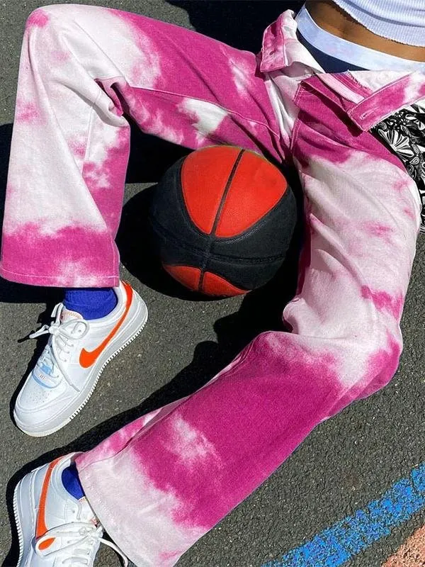 Casual Street Shot High-waisted Straight Tie-dye Pants for Women