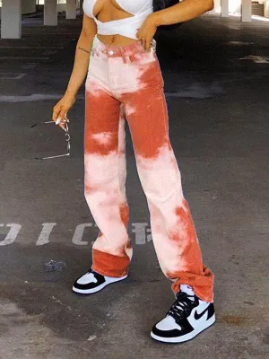 Casual Street Shot High-waisted Straight Tie-dye Pants for Women