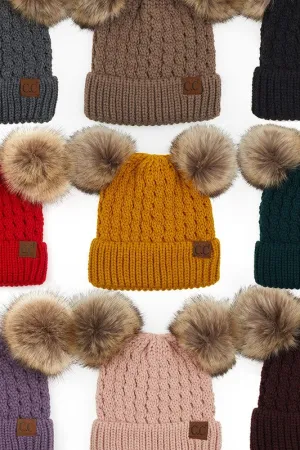 C.C. Adult Double Pom Pom Cable Knit Beanie