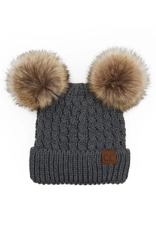 C.C. Adult Double Pom Pom Cable Knit Beanie