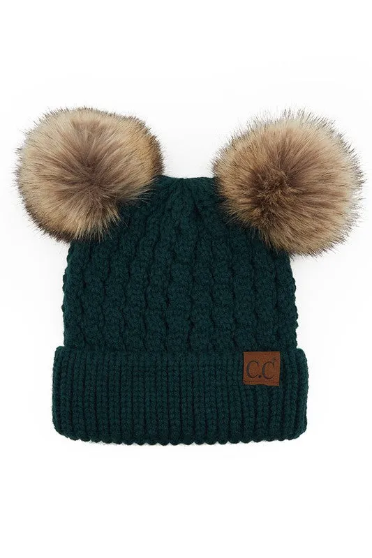C.C. Adult Double Pom Pom Cable Knit Beanie