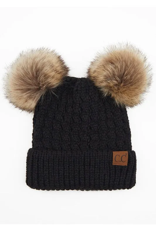 C.C. Adult Double Pom Pom Cable Knit Beanie