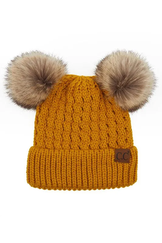 C.C. Adult Double Pom Pom Cable Knit Beanie