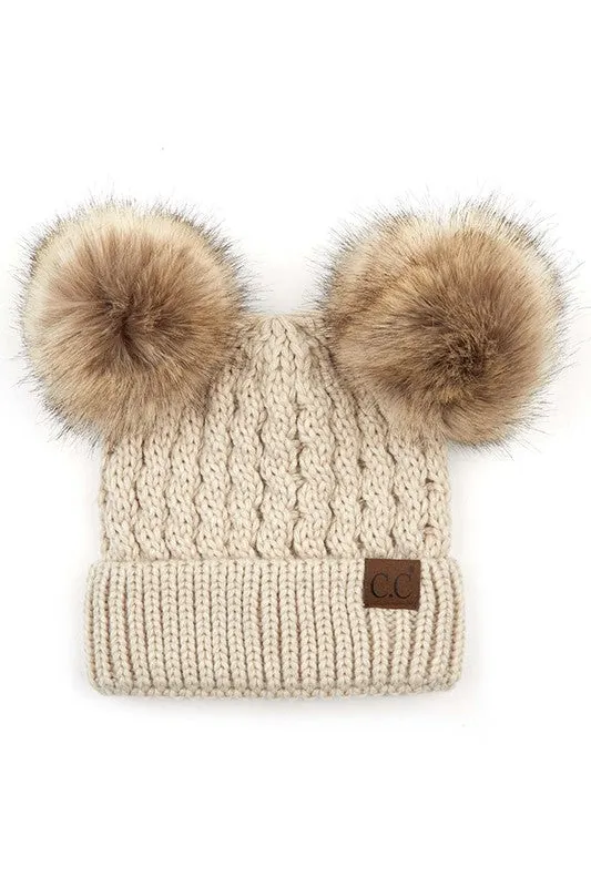 C.C. Adult Double Pom Pom Cable Knit Beanie