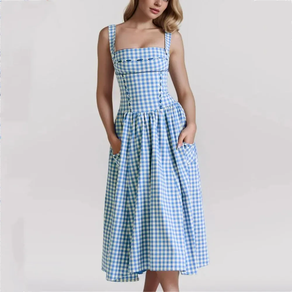 Charming Gingham Midi Dress with Pockets