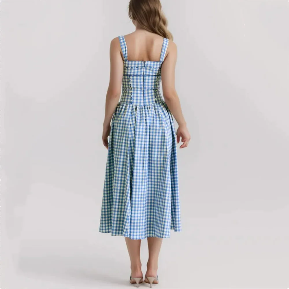 Charming Gingham Midi Dress with Pockets