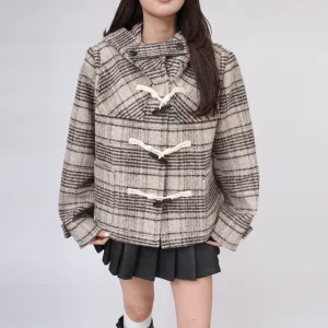 Check hoodie half duffle coat