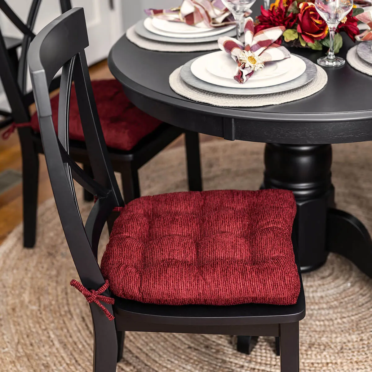 Chenille Rib Claret Red Dining Chair Pad with Ties - Latex Foam Fill