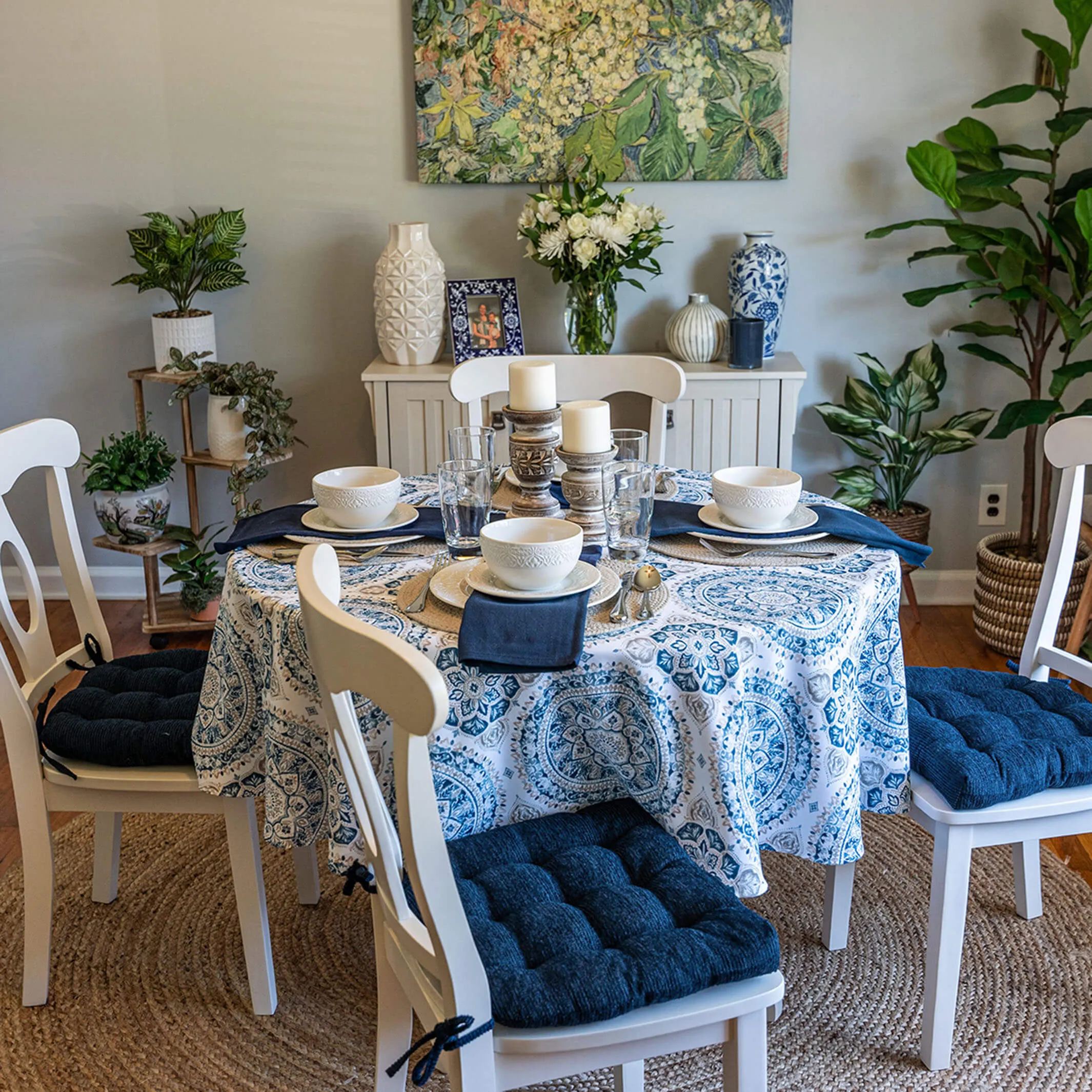 Chenille Rib Navy Blue Dining Chair Pad with Ties - Latex Foam Fill