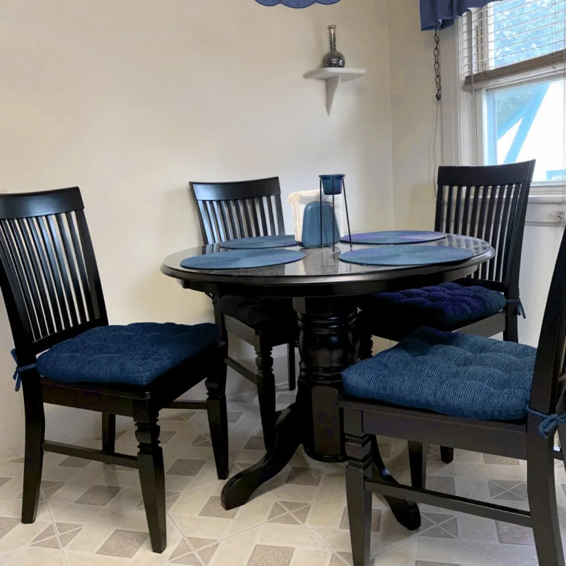 Chenille Rib Navy Blue Dining Chair Pad with Ties - Latex Foam Fill