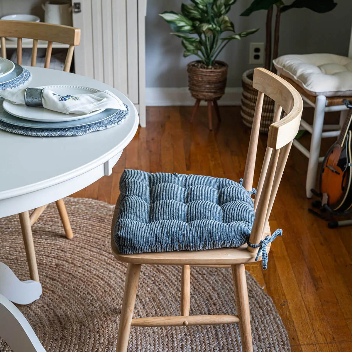 Chenille Rib Slate Grey Dining Chair Pad with Ties - Latex Foam Fill